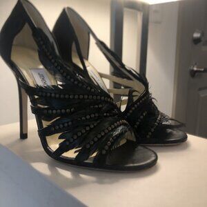 Jimmy Choo Leather Feather Studded Stiletto Sandals High Heels